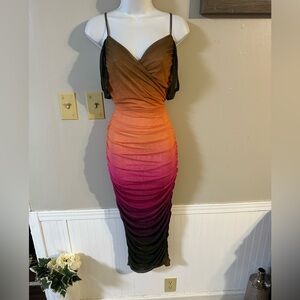 SHEIN Black-Orange-Pink Ombre Ruched Midi Dress